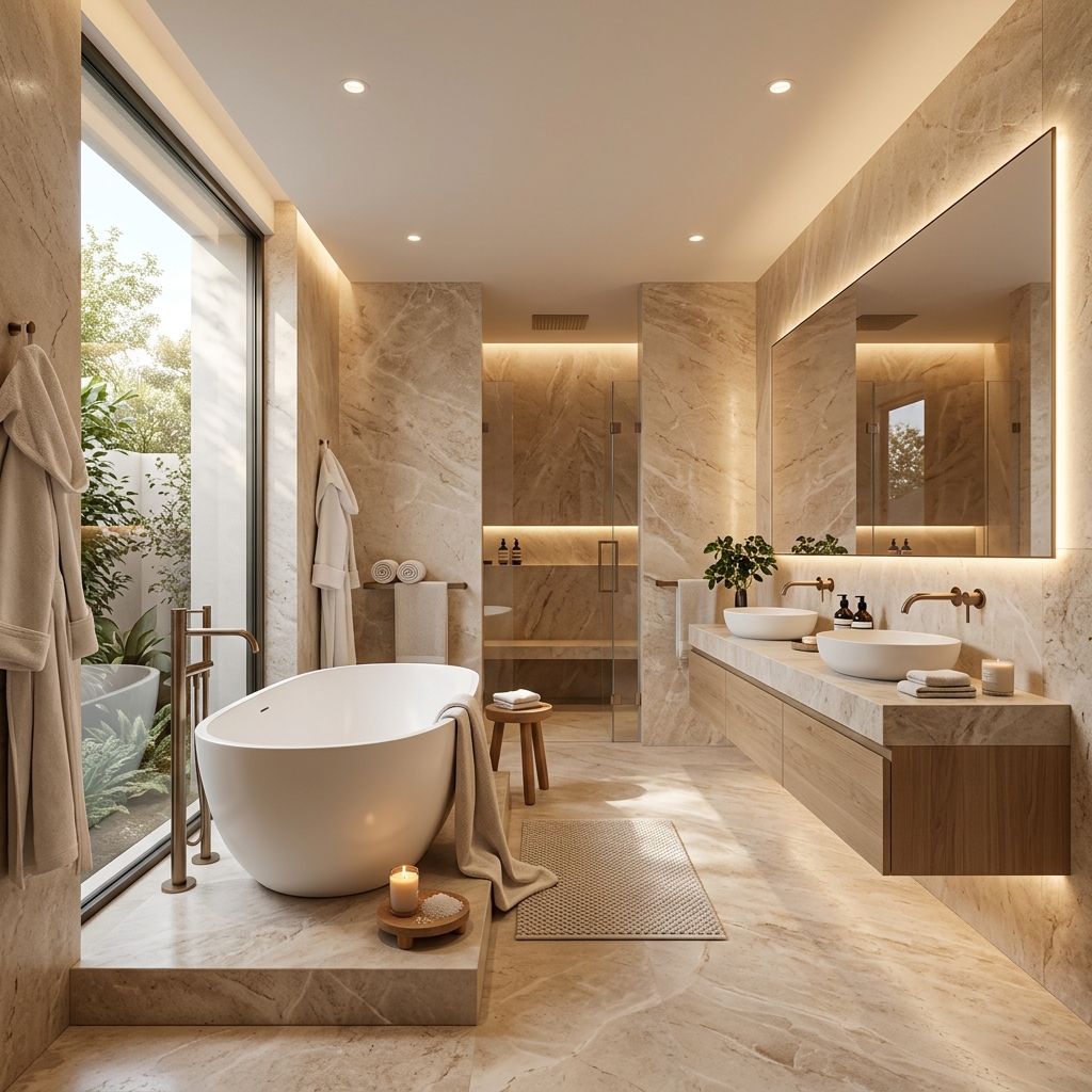Banheiro spa com revestimento em mármore Bege Bahia, banheira e iluminação quente