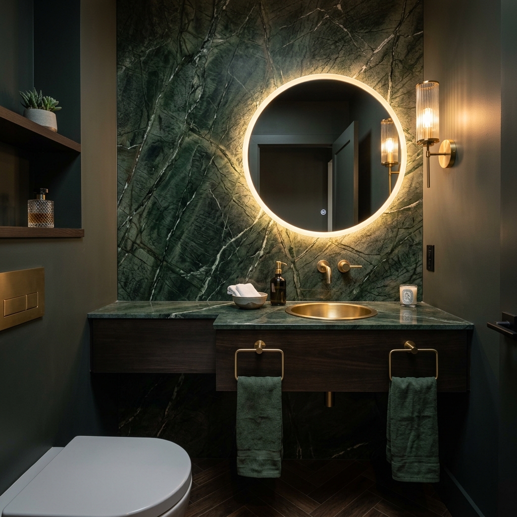 Lavabo sofisticado com quartzito Verde Bamboo e metais dourados